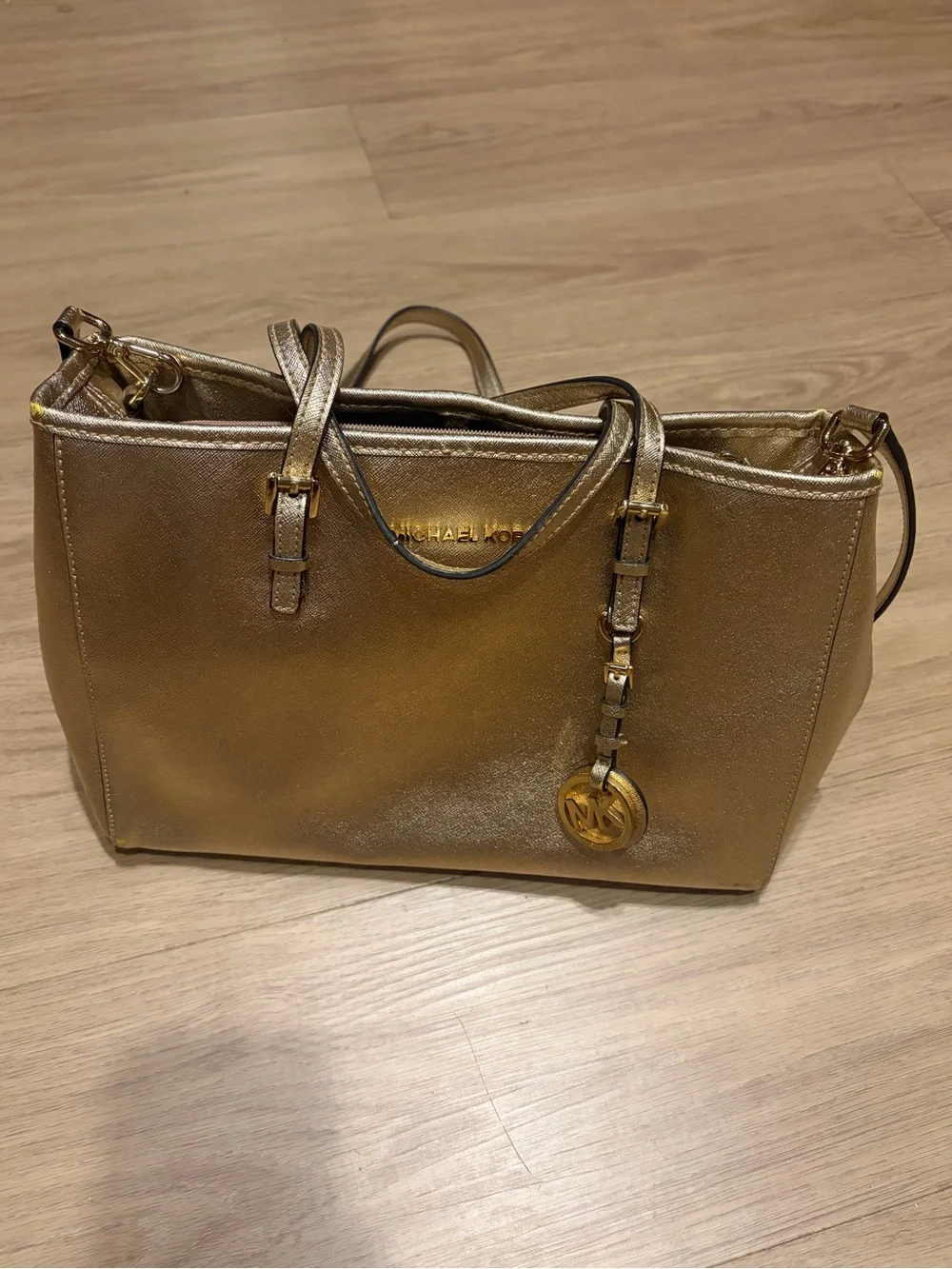 Authentic Michael Kors Metallic Gold Saffiano Tote with Logo Charm